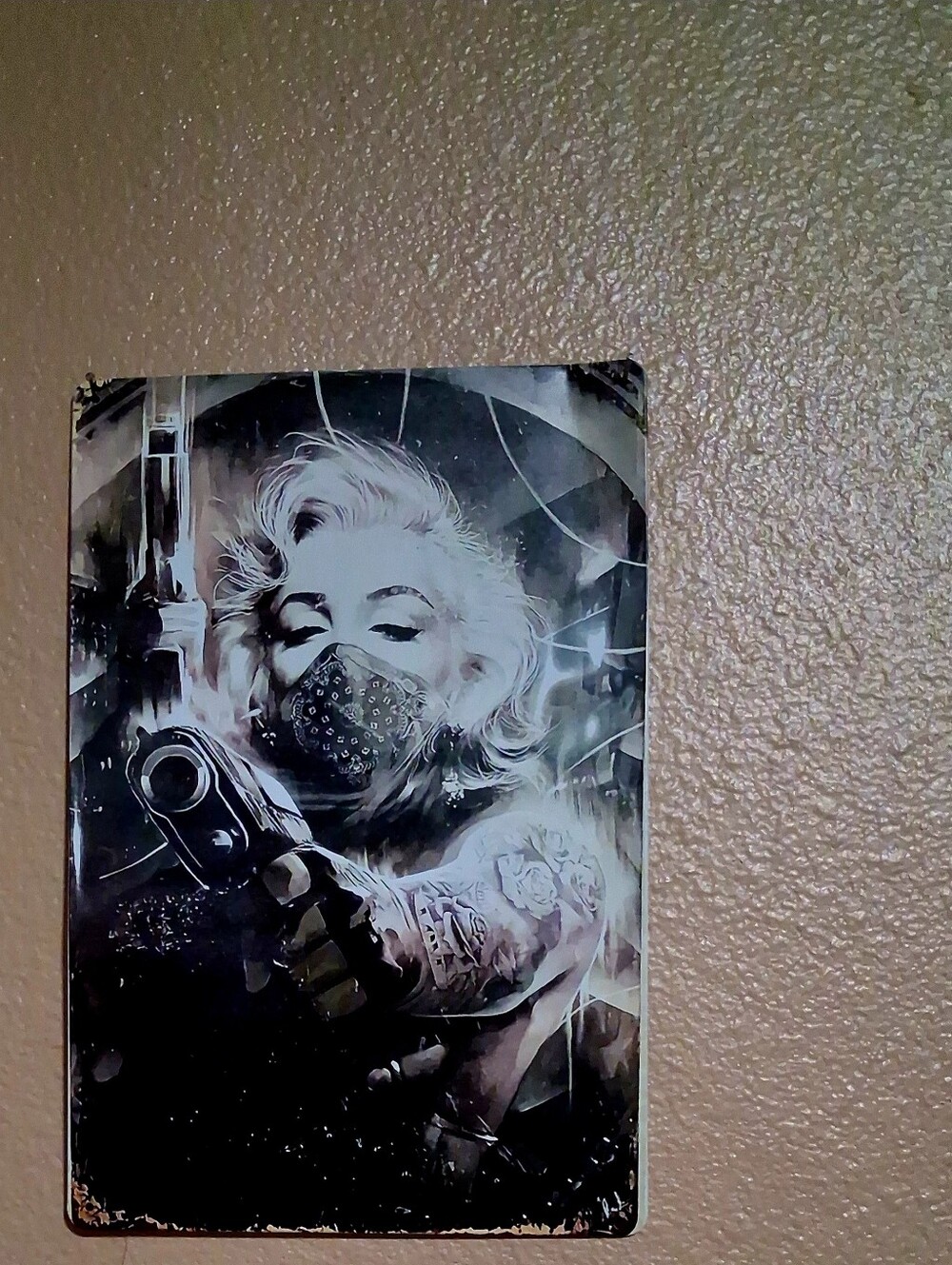 Monochrome Marilyn with Mask and Gun Wall Art Tin Sign Brand New.